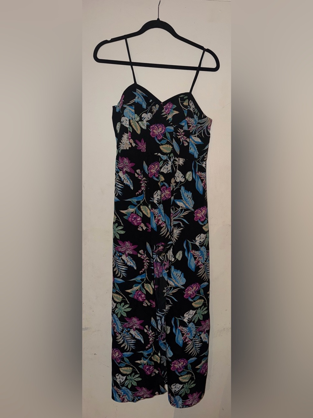 Band of Gypsies Black Romper with Blue, Purple & Green Floral Accents